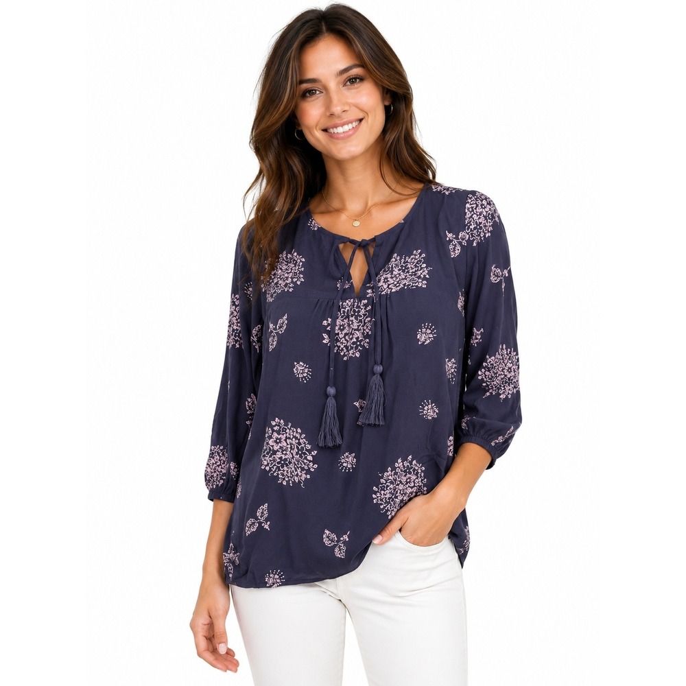 Skies are Blue Blouse Womens‎ XSP Navy Blue New Padenia Tassel Floral Split Neck